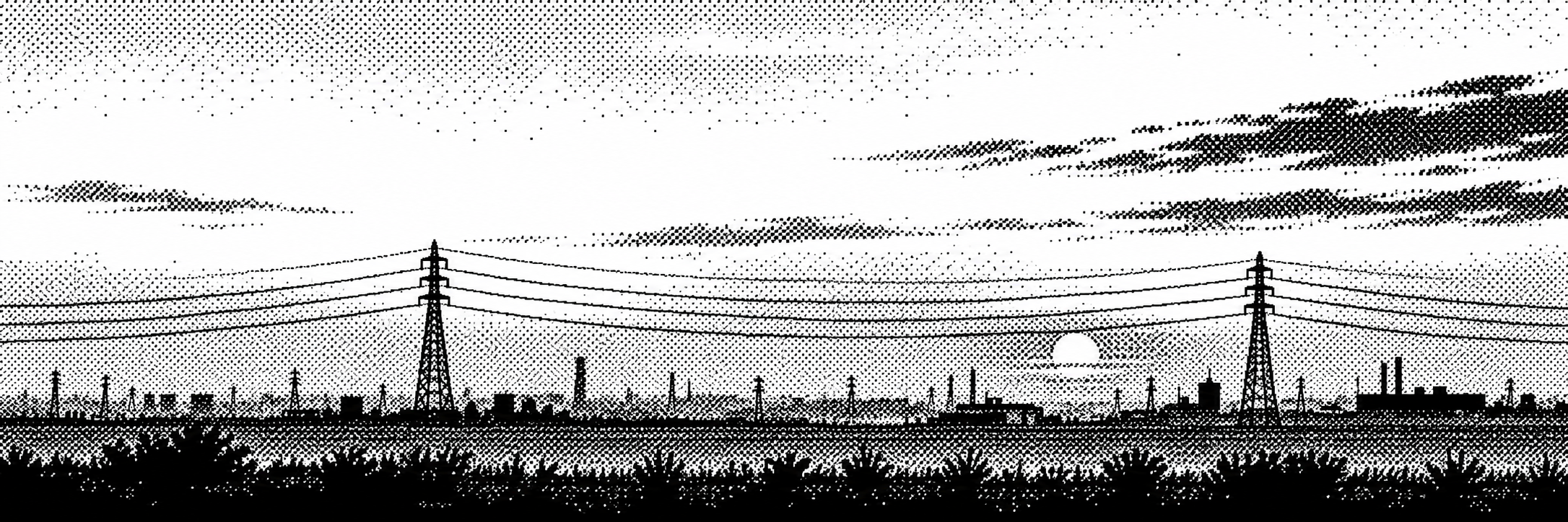 Transmission towers and cables over a distant industrial skyline at dusk, rendered in bold black-and-white pixel dithering.
